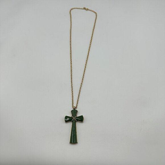 Vintage Avon Juliet Cross Necklace Gold Tone Green Lucite Rope Chain 30 Inch - Picture 4 of 9